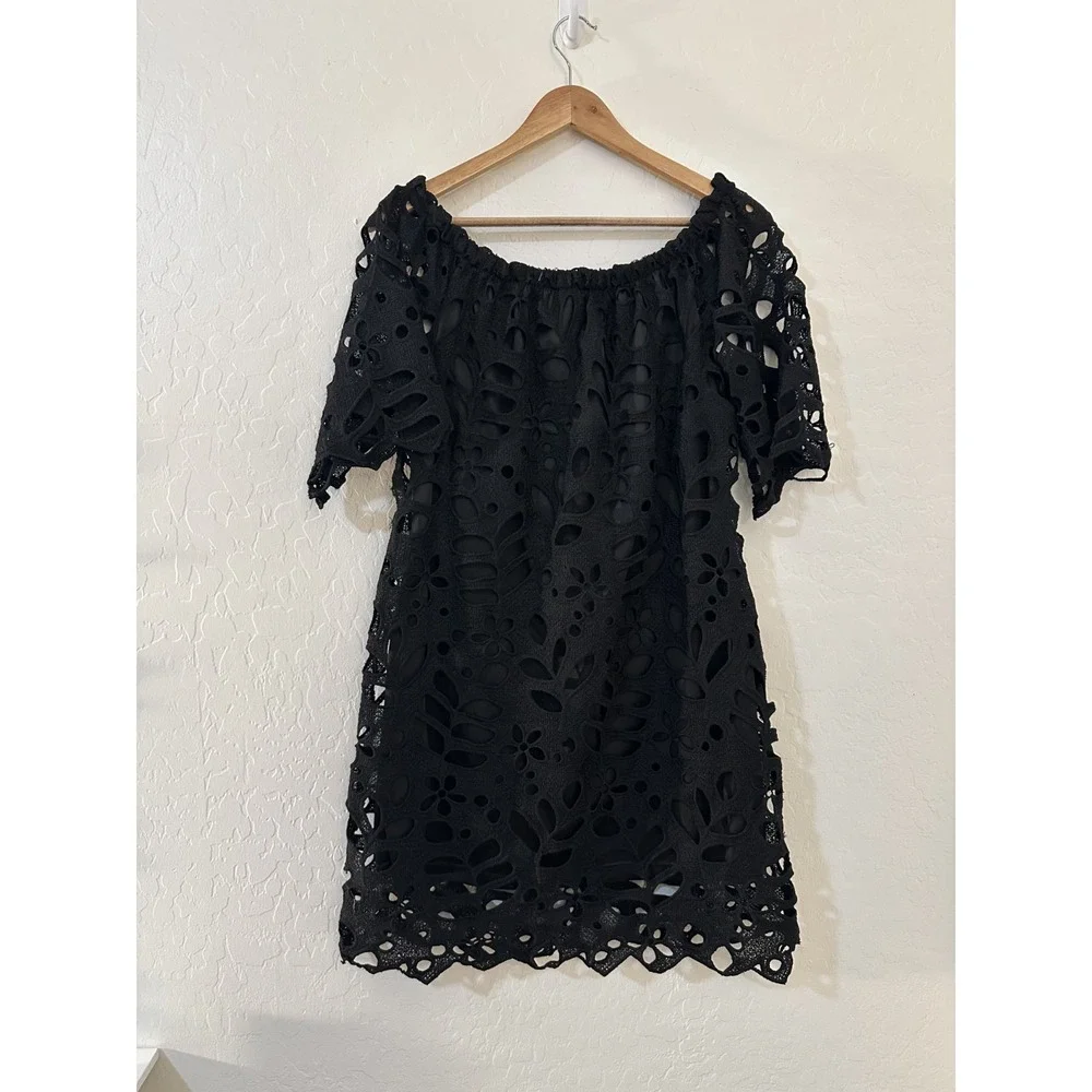 Womans Black‎ Eyelet Lace Overlay Mini Dress M Fairy Grunge Whimsigoth Witchy
